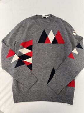 Moncler Gray Tricot Wool Crewneck Sweater Red Navy White Geometric Intarsia Logo